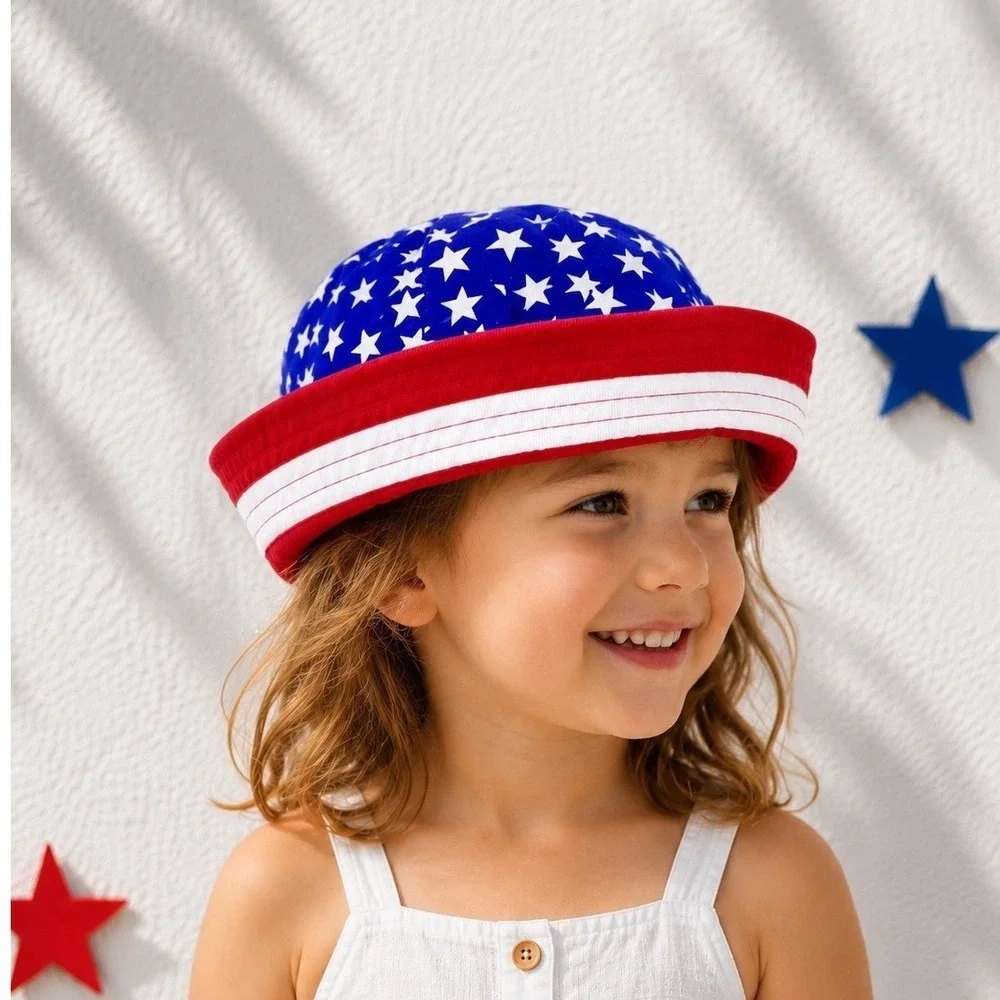 Kids Patriotic USA Flag Bucket Hat Sun Hat Red White Blue Stars 4th of July
